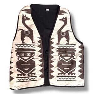 90s Ecuador Wool Llama Vest XL Brown Cream Southwestern Artisan Boho Western